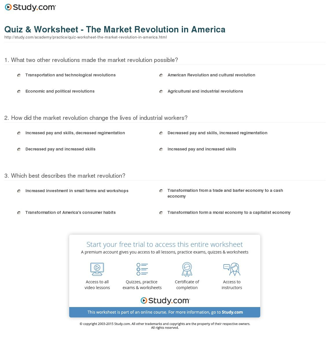 Quiz  Worksheet  The Market Revolution In America  Study For Chapter 9 Section 1 The Market Revolution Worksheet Answers