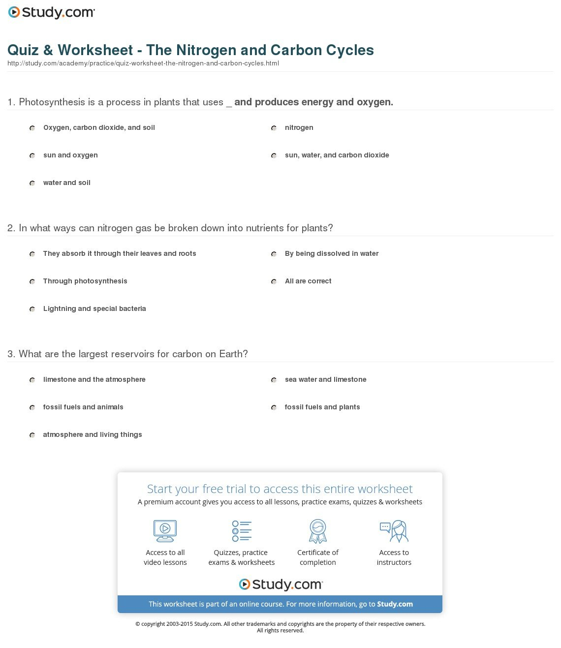 Quiz  Worksheet  The Nitrogen And Carbon Cycles  Study For Cycles Of Matter Worksheet Answers