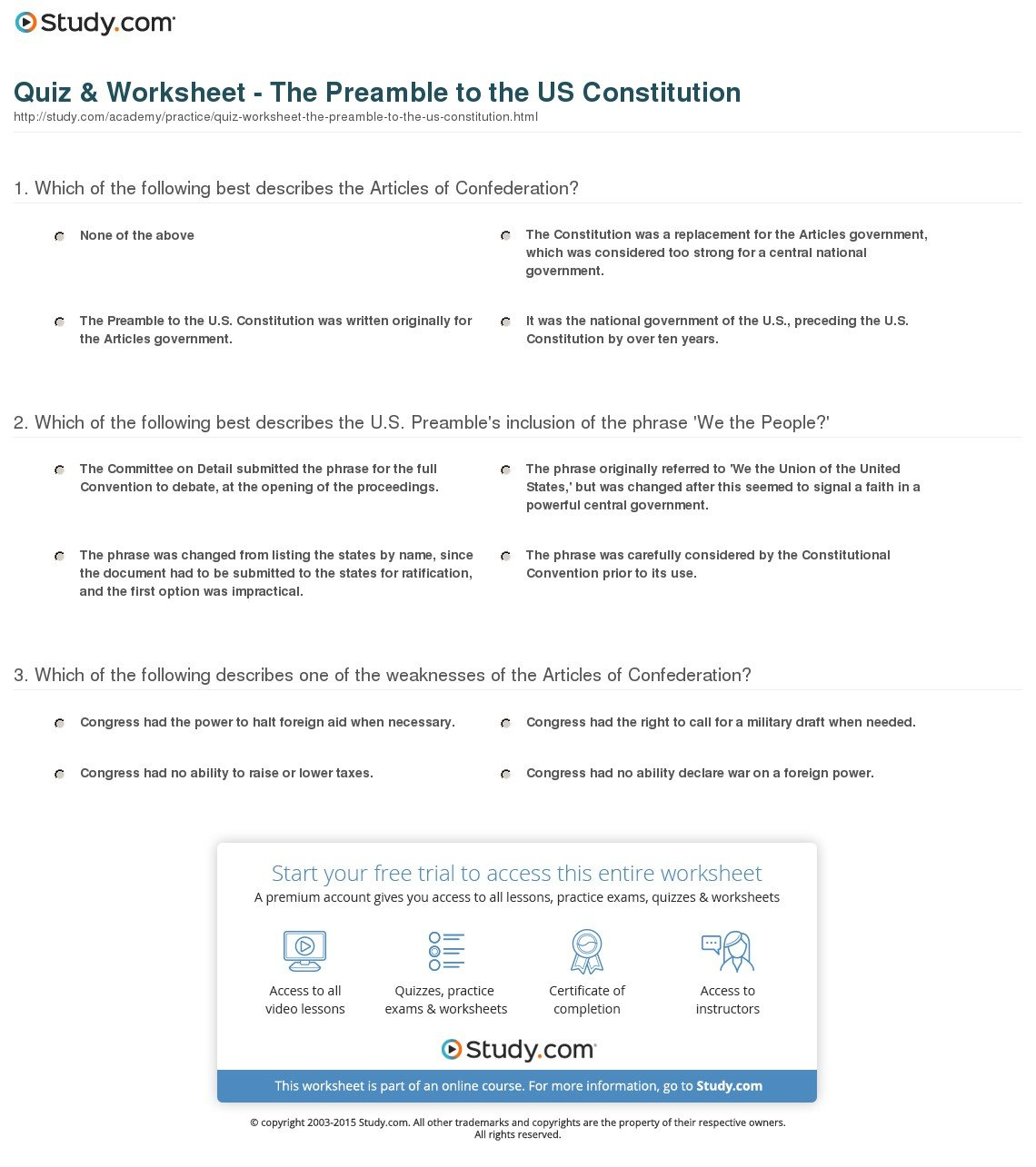 Quiz  Worksheet  The Preamble To The Us Constitution  Study Regarding The Us Constitution Worksheet