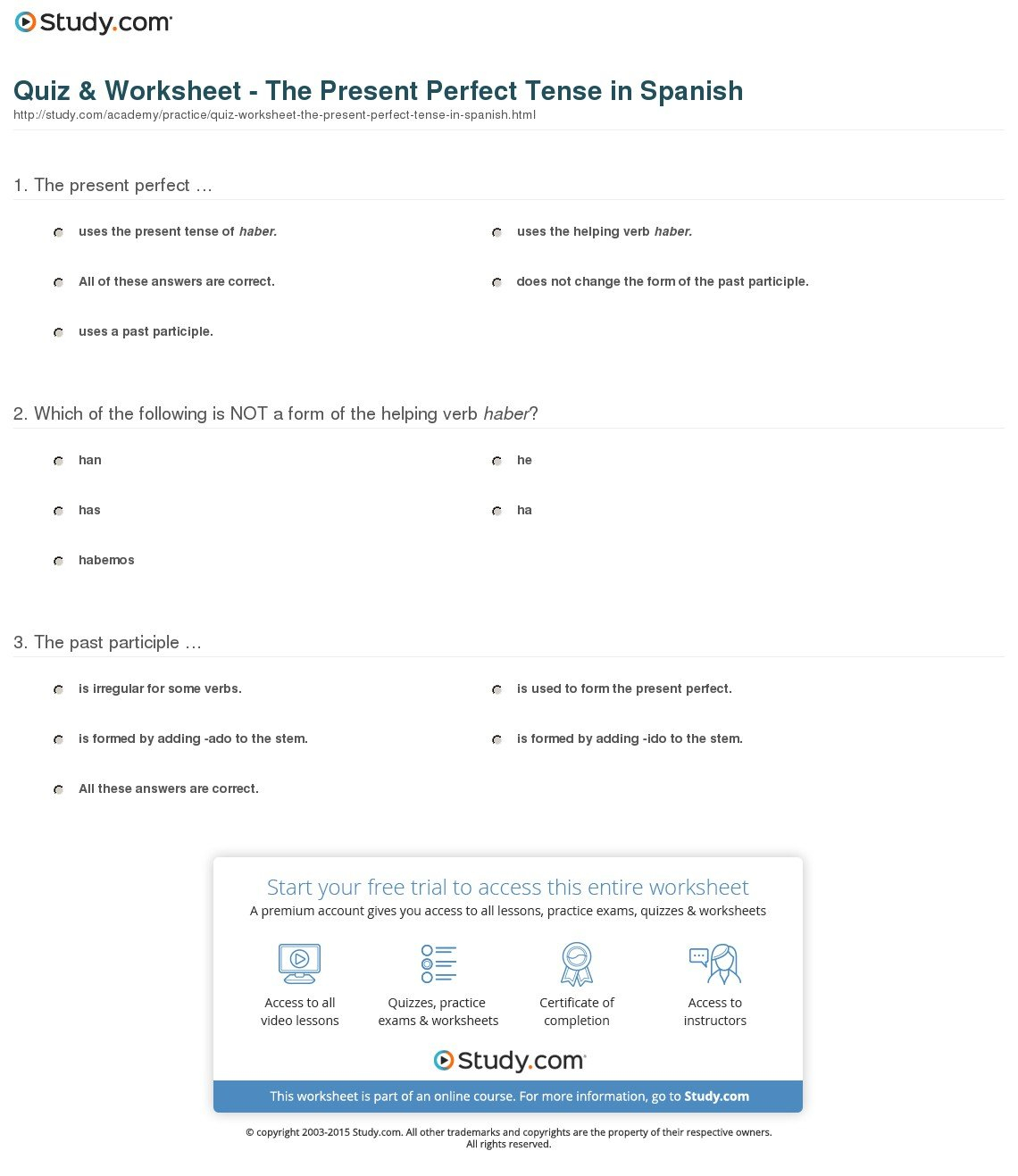 Quiz  Worksheet  The Present Perfect Tense In Spanish  Study Together With Present Perfect Tense Worksheet With Answers