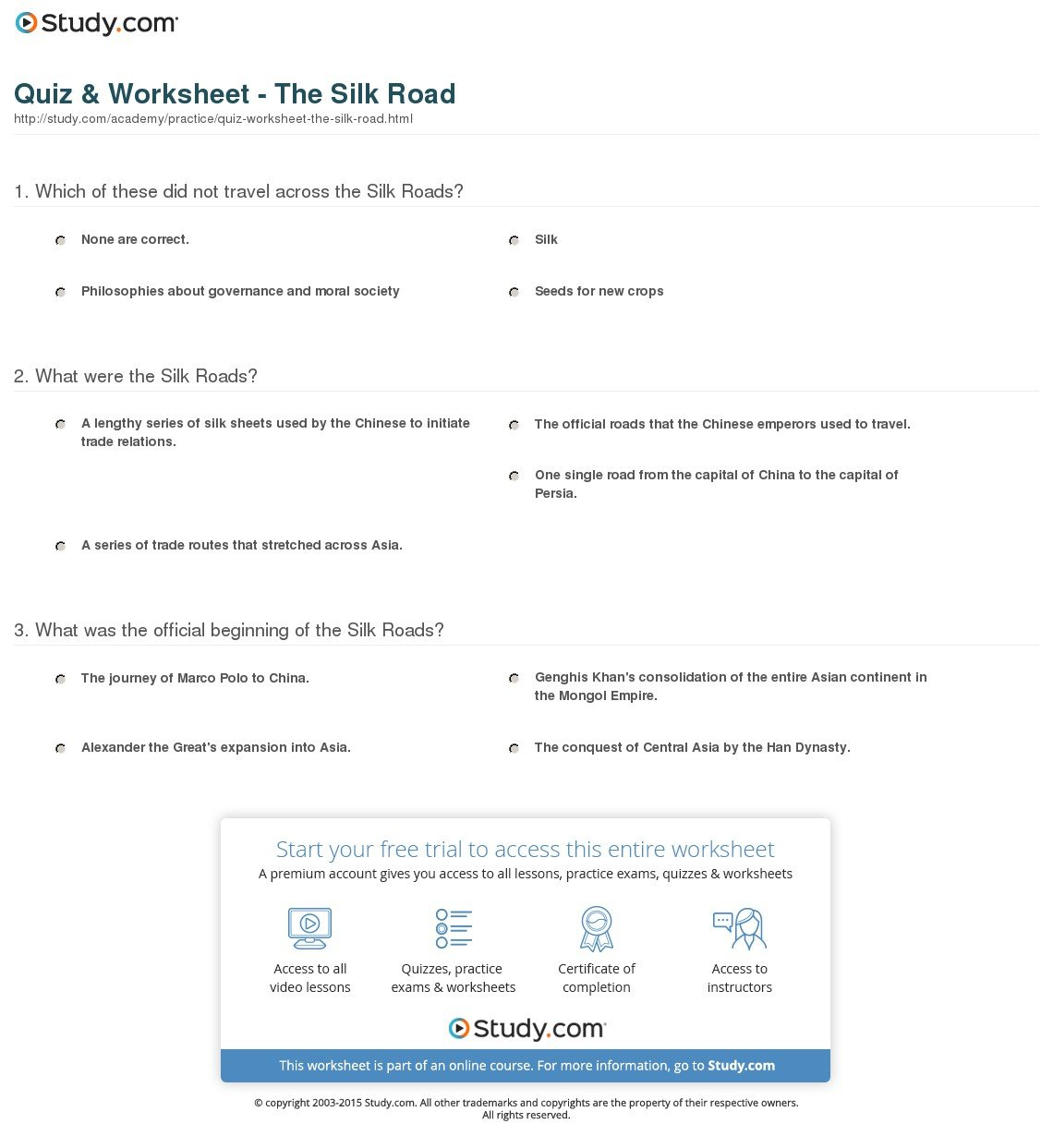 Quiz  Worksheet  The Silk Road  Study With Silk Road Worksheets