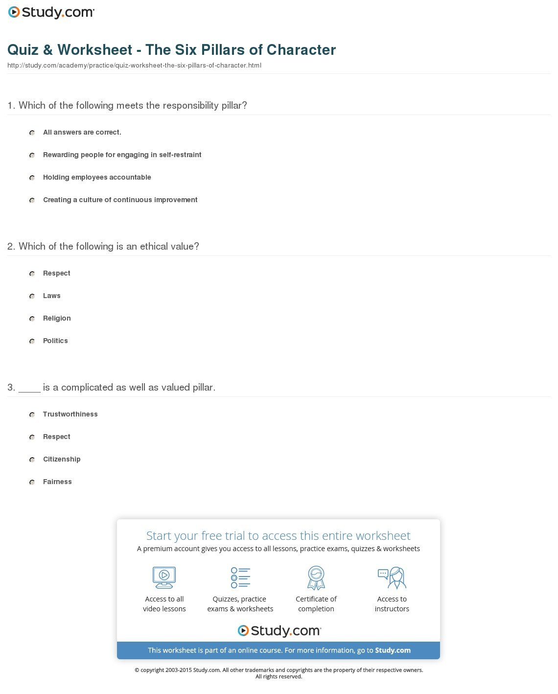 Quiz  Worksheet  The Six Pillars Of Character  Study As Well As Character Education Worksheets