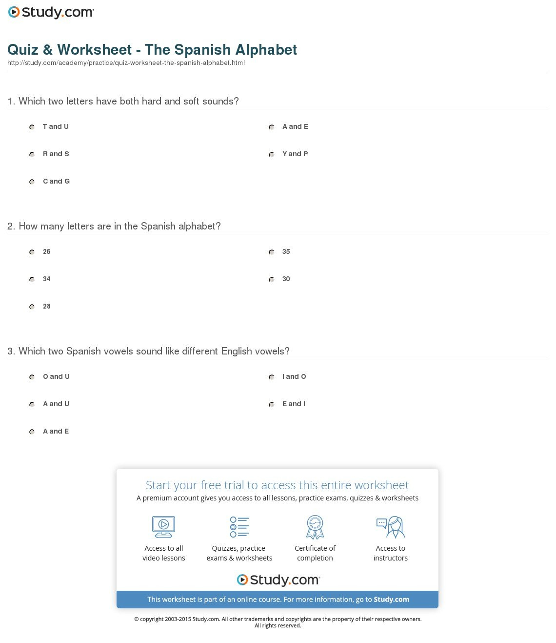 Quiz  Worksheet  The Spanish Alphabet  Study Throughout Spanish Alphabet Worksheets