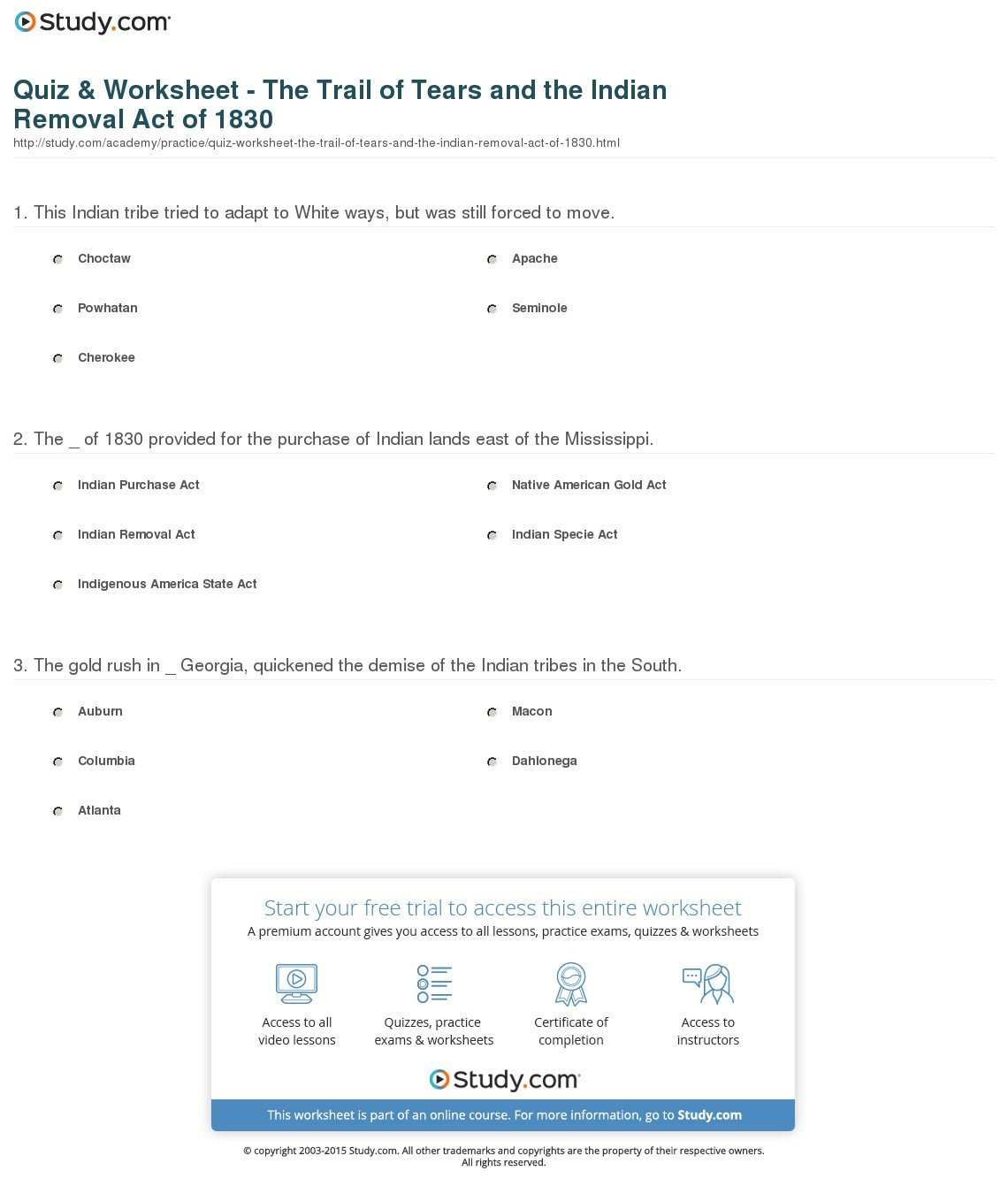 Quiz  Worksheet  The Trail Of Tears And The Indian Removal Act Of Throughout Trail Of Tears Worksheet