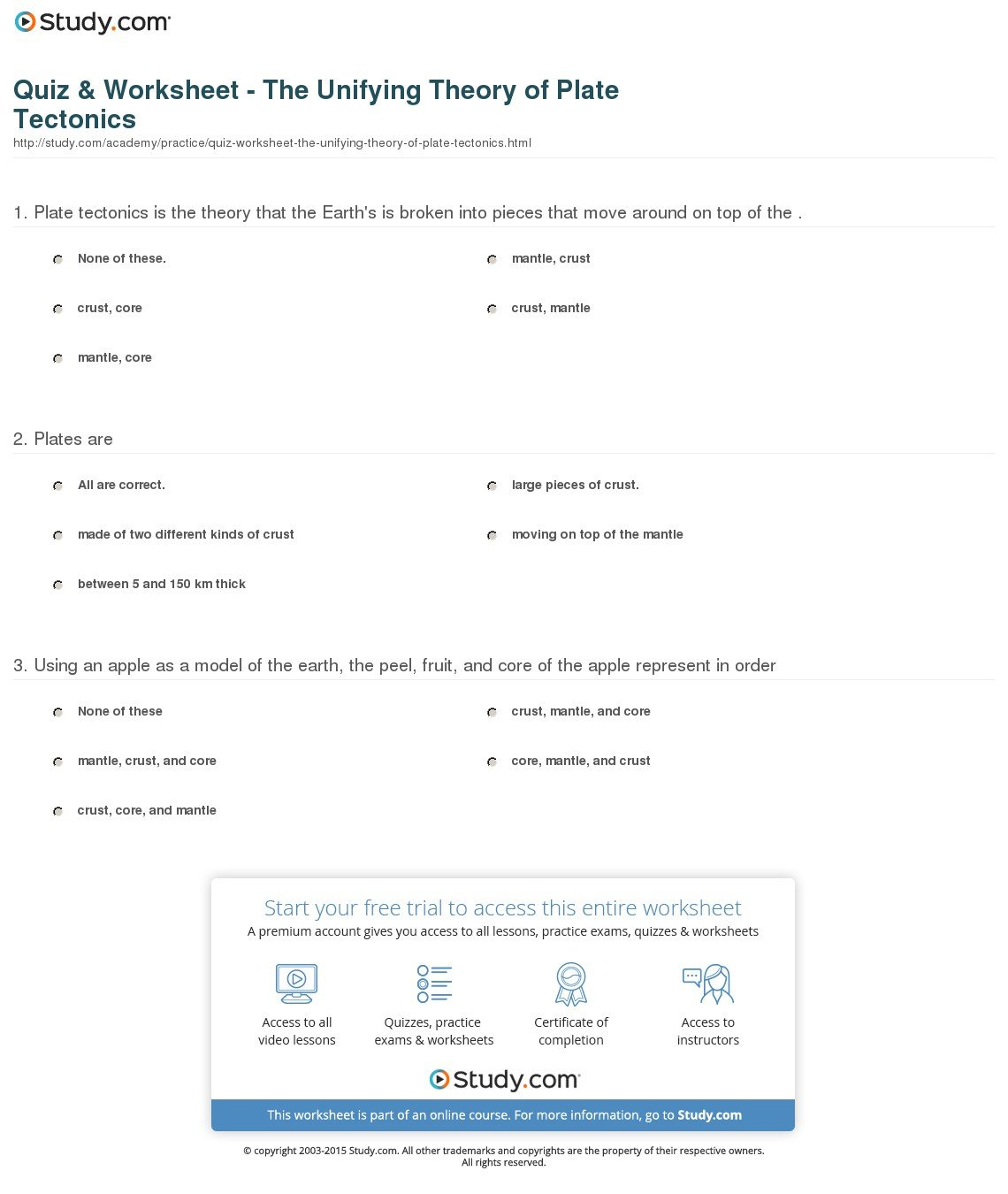 Quiz  Worksheet  The Unifying Theory Of Plate Tectonics  Study For The Theory Of Plate Tectonics Worksheet