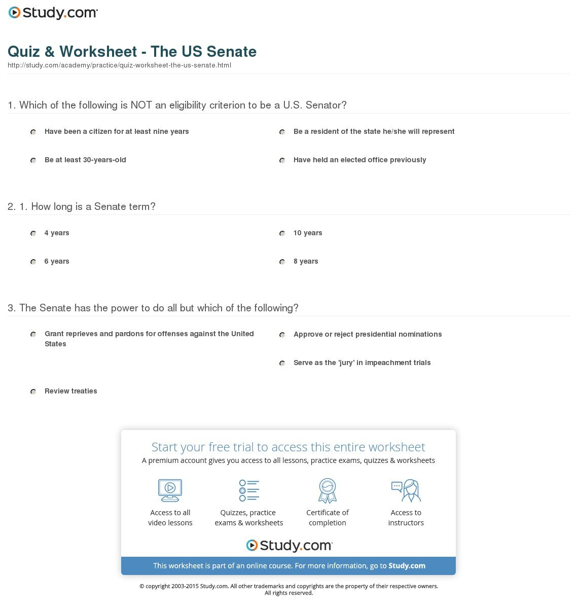 Quiz  Worksheet  The Us Senate  Study With The Senate Worksheet Answers
