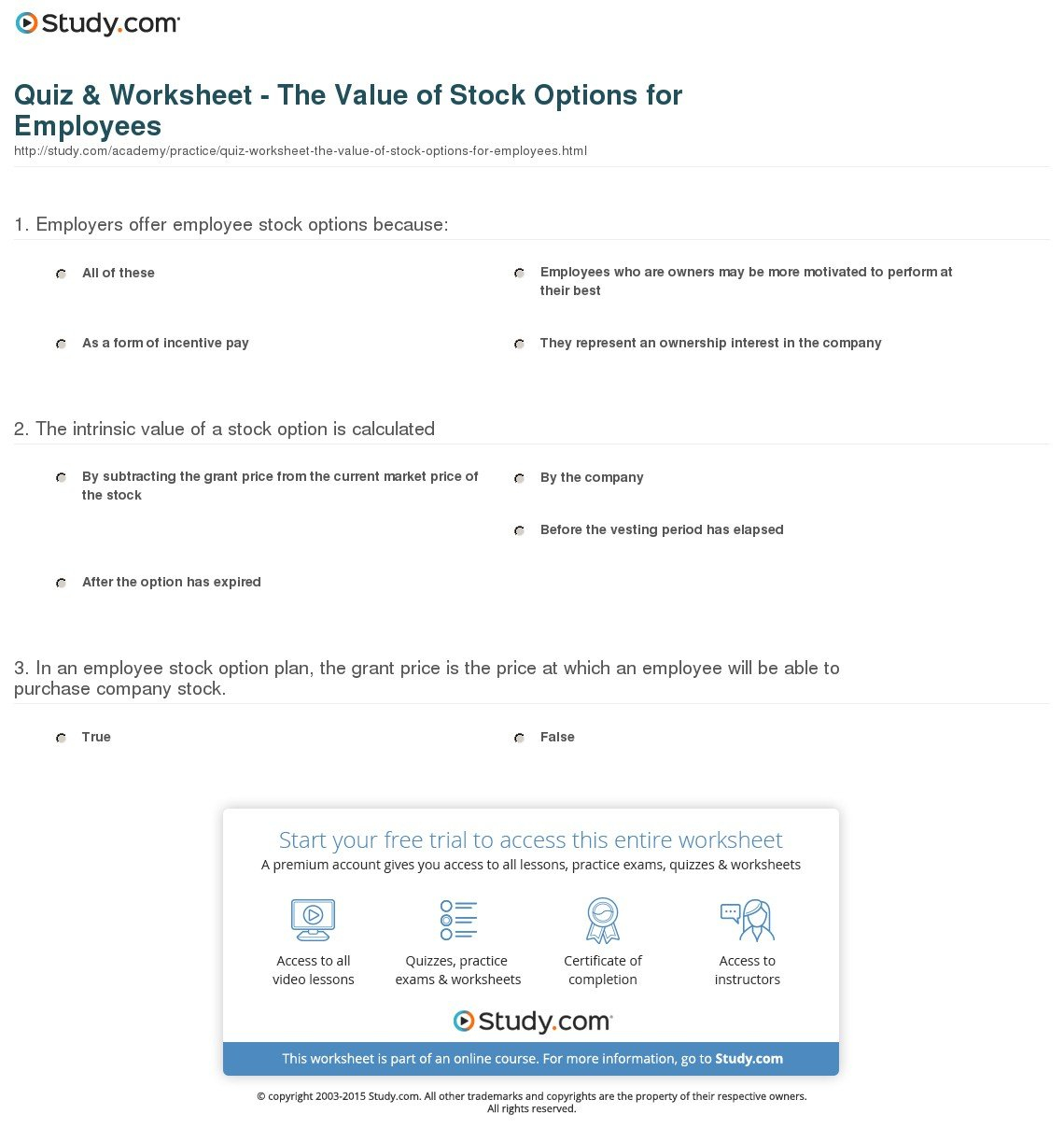 Quiz  Worksheet  The Value Of Stock Options For Employees  Study And Stock Options Worksheet