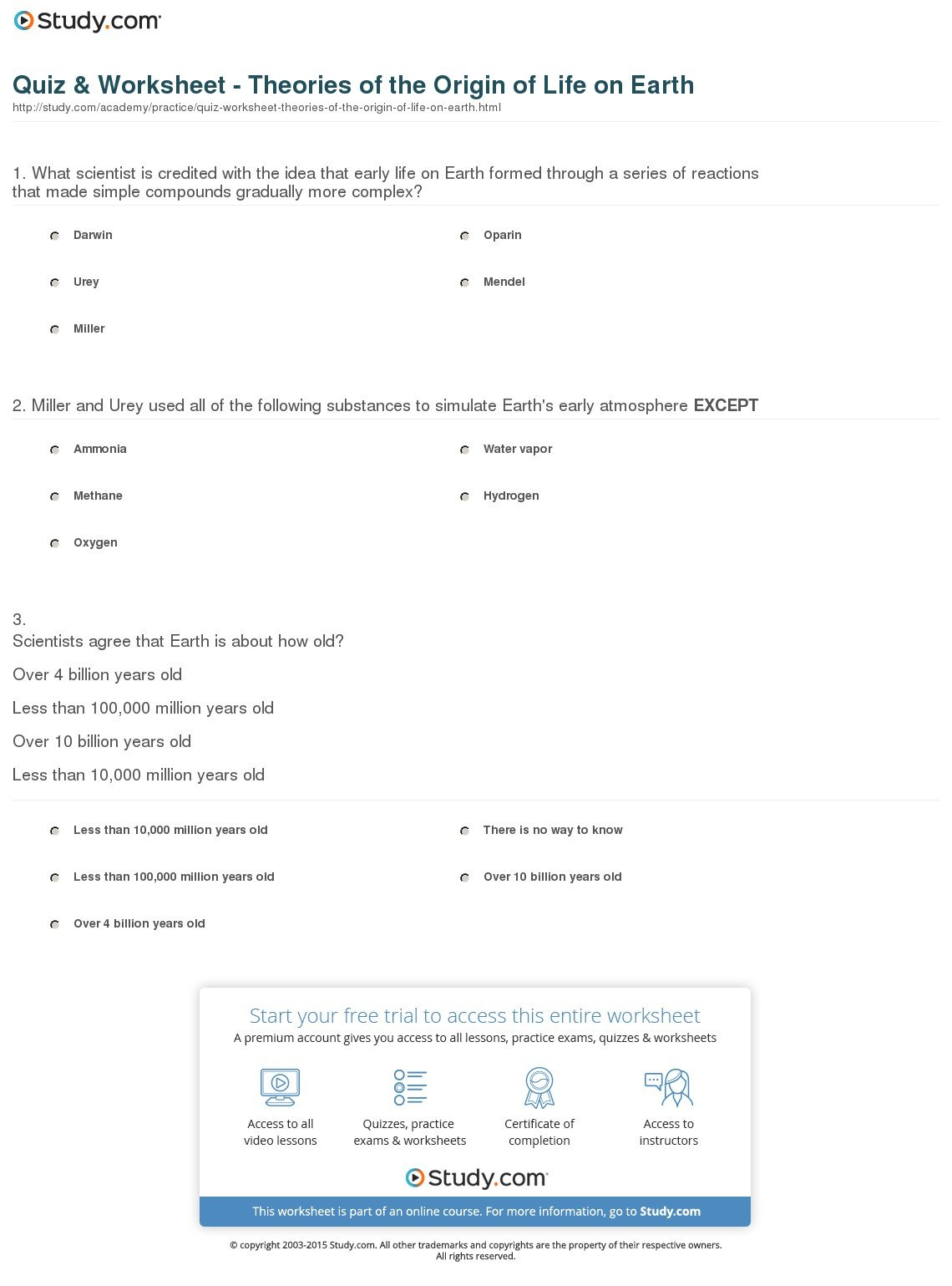 Quiz  Worksheet  Theories Of The Origin Of Life On Earth  Study As Well As The History Of Life On Earth Worksheet Answers