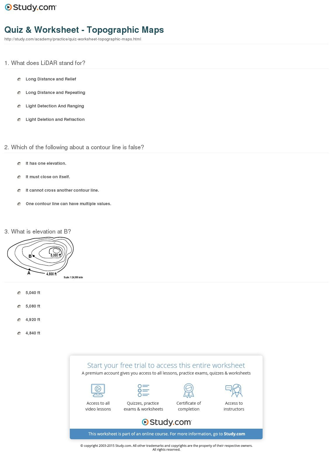 Quiz  Worksheet  Topographic Maps  Study In Topographic Map Worksheet Answer Key