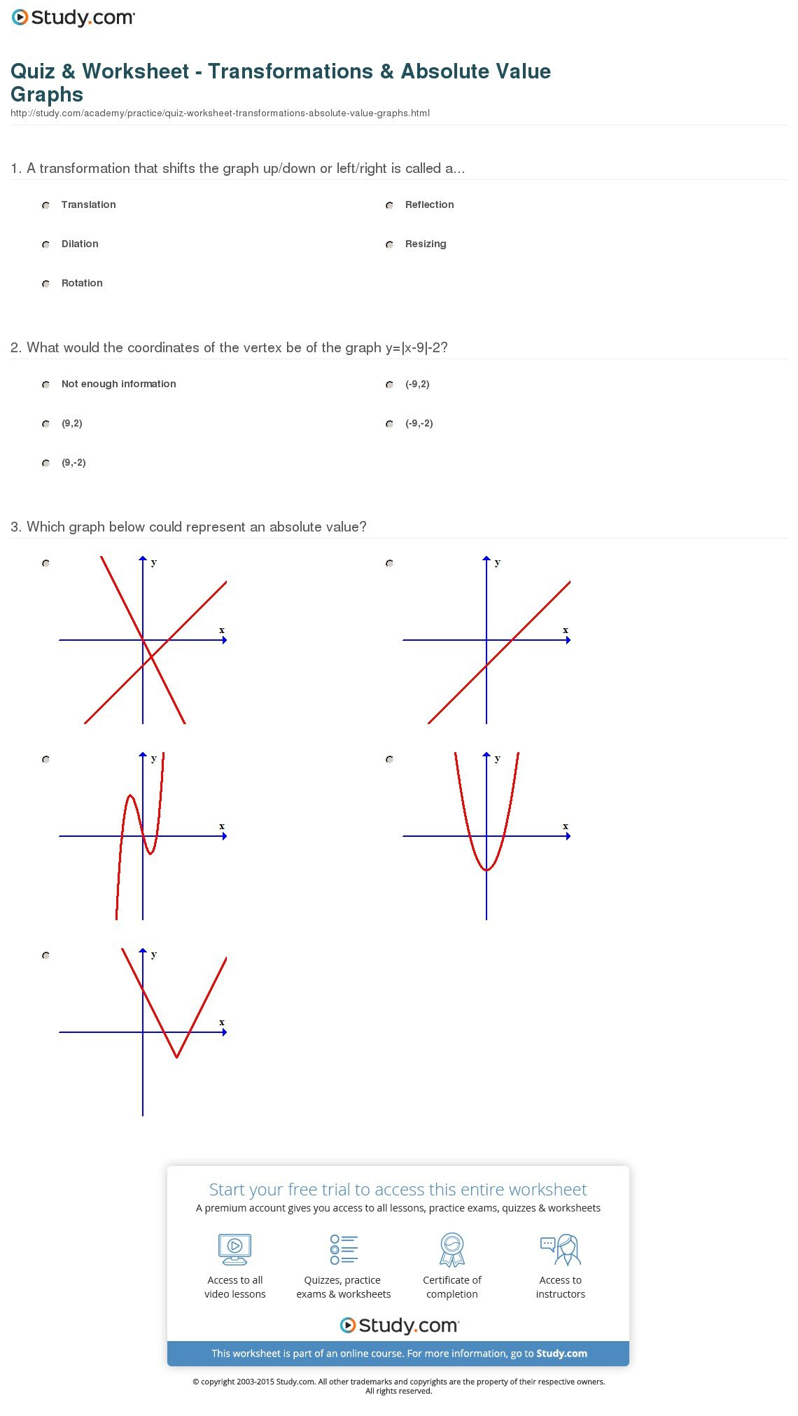 Quiz  Worksheet  Transformations  Absolute Value Graphs  Study With Transformations Worksheet Algebra 2