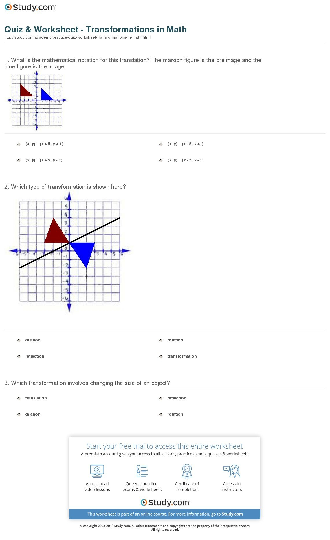 Quiz  Worksheet  Transformations In Math  Study Or Transformations Review Worksheet