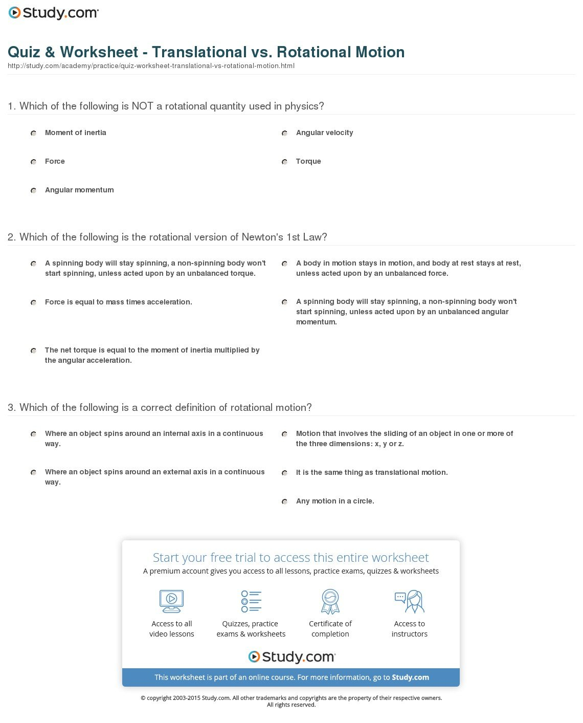 Quiz  Worksheet  Translational Vs Rotational Motion  Study And Rotational Motion Worksheet Answer Key