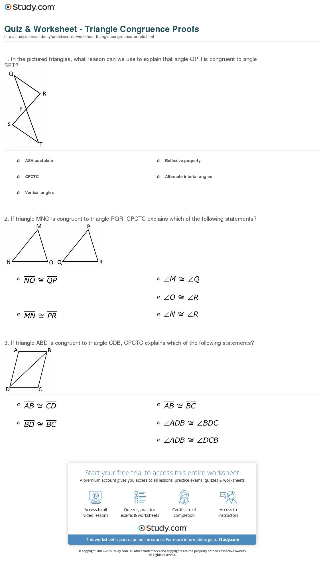 Quiz  Worksheet  Triangle Congruence Proofs  Study With Triangle Congruence Proofs Worksheet Answers