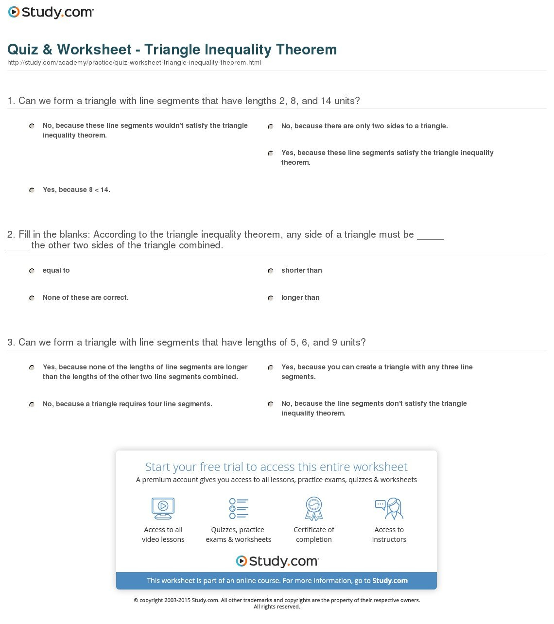 Quiz  Worksheet  Triangle Inequality Theorem  Study For Triangle Inequality Worksheet With Answers