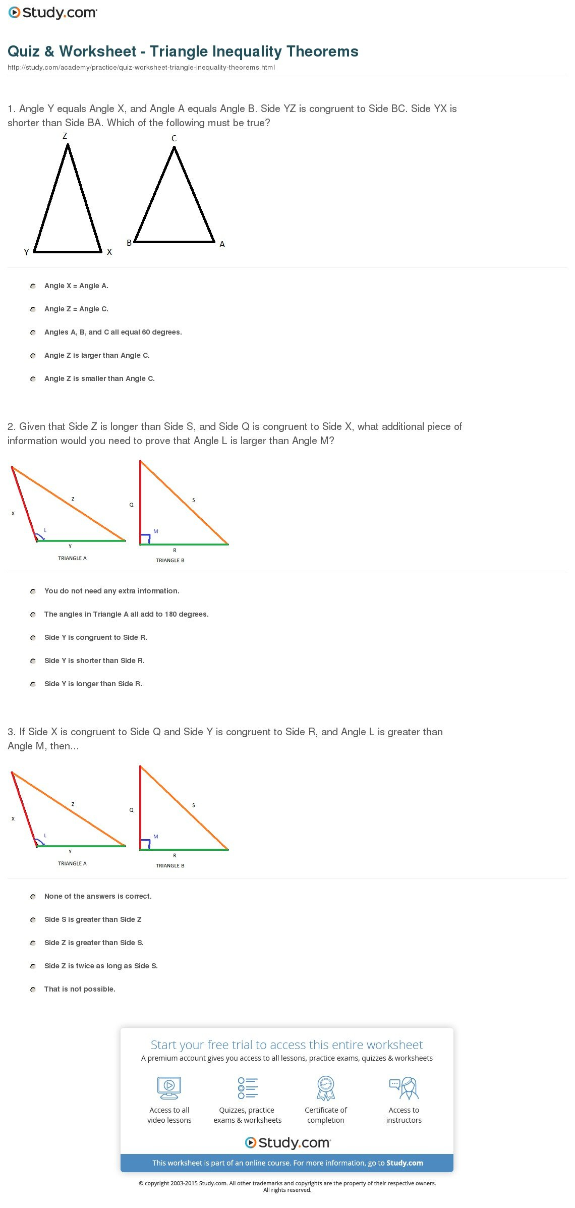 Quiz  Worksheet  Triangle Inequality Theorems  Study For Triangle Inequality Worksheet With Answers