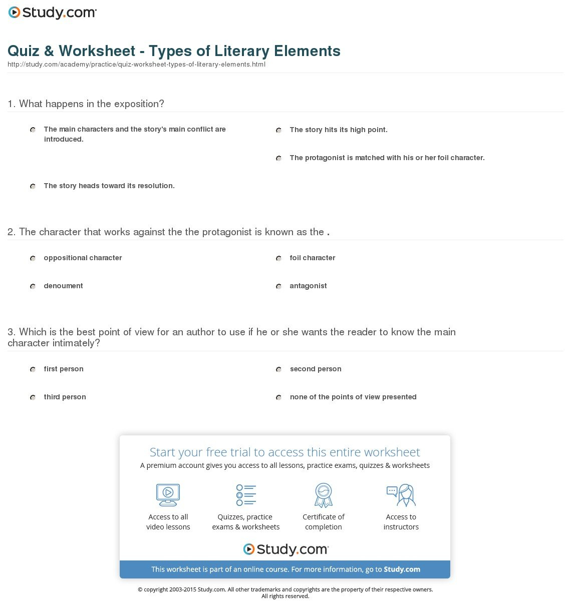 Quiz  Worksheet  Types Of Literary Elements  Study Within Literary Elements Review Worksheet