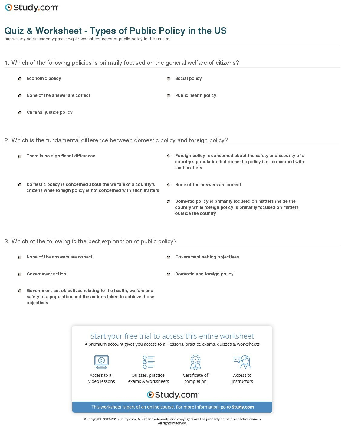 Quiz  Worksheet  Types Of Public Policy In The Us  Study Inside Foreign Policy Worksheet