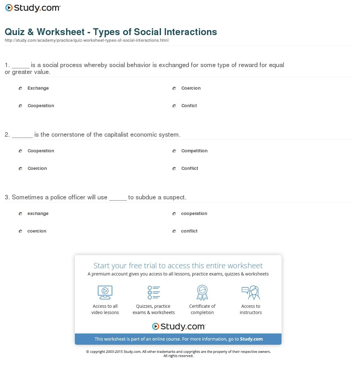 Quiz  Worksheet  Types Of Social Interactions  Study Inside Social Interaction Worksheets