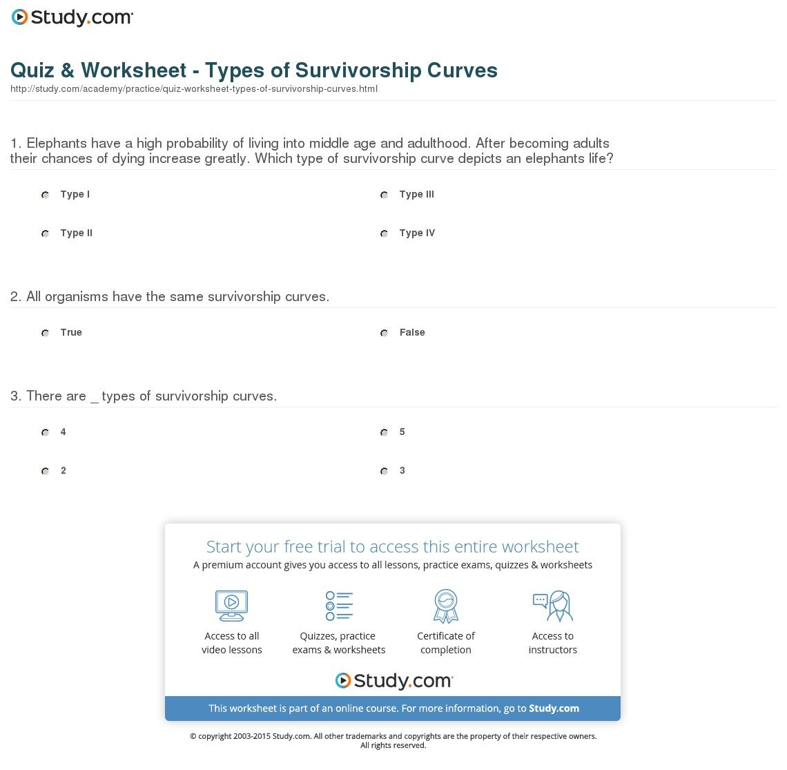 Quiz  Worksheet  Types Of Survivorship Curves  Study In Survivorship Curves Worksheet Answers