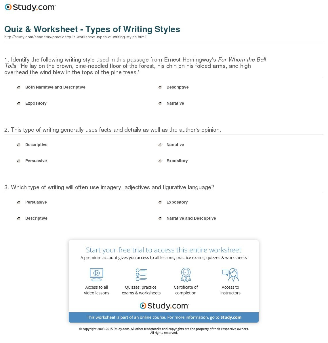 Quiz  Worksheet  Types Of Writing Styles  Study With Technical Writing Worksheets