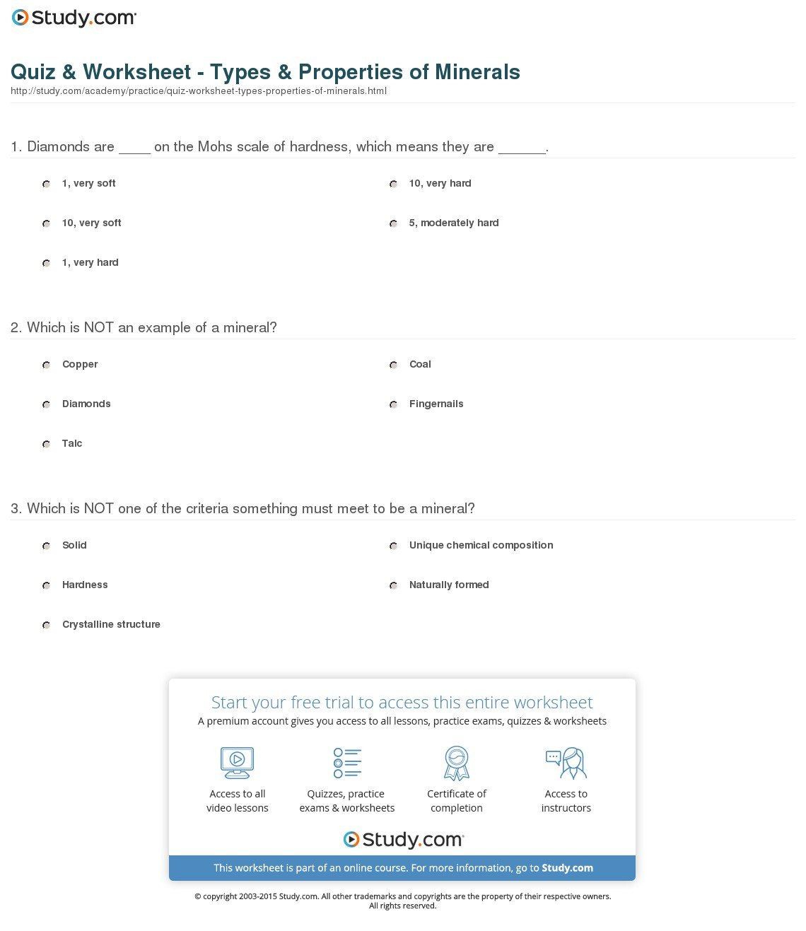 Quiz  Worksheet  Types  Properties Of Minerals  Study Throughout Properties Of Minerals Worksheet