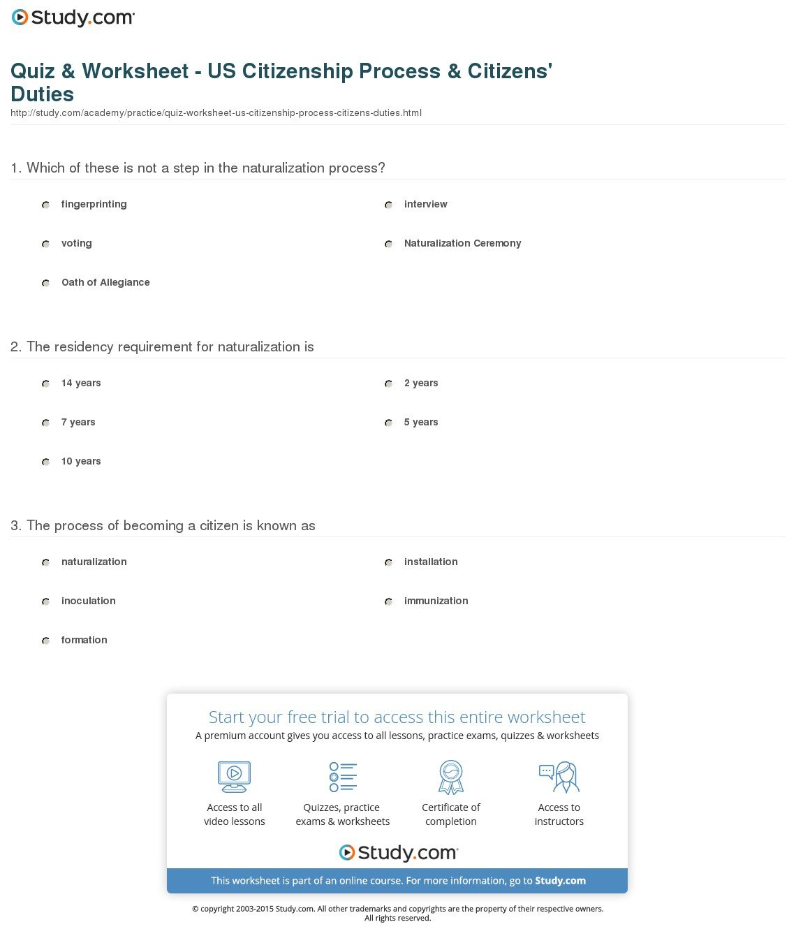 Quiz  Worksheet  Us Citizenship Process  Citizens' Duties  Study Throughout Citizenship In The World Worksheet Answers