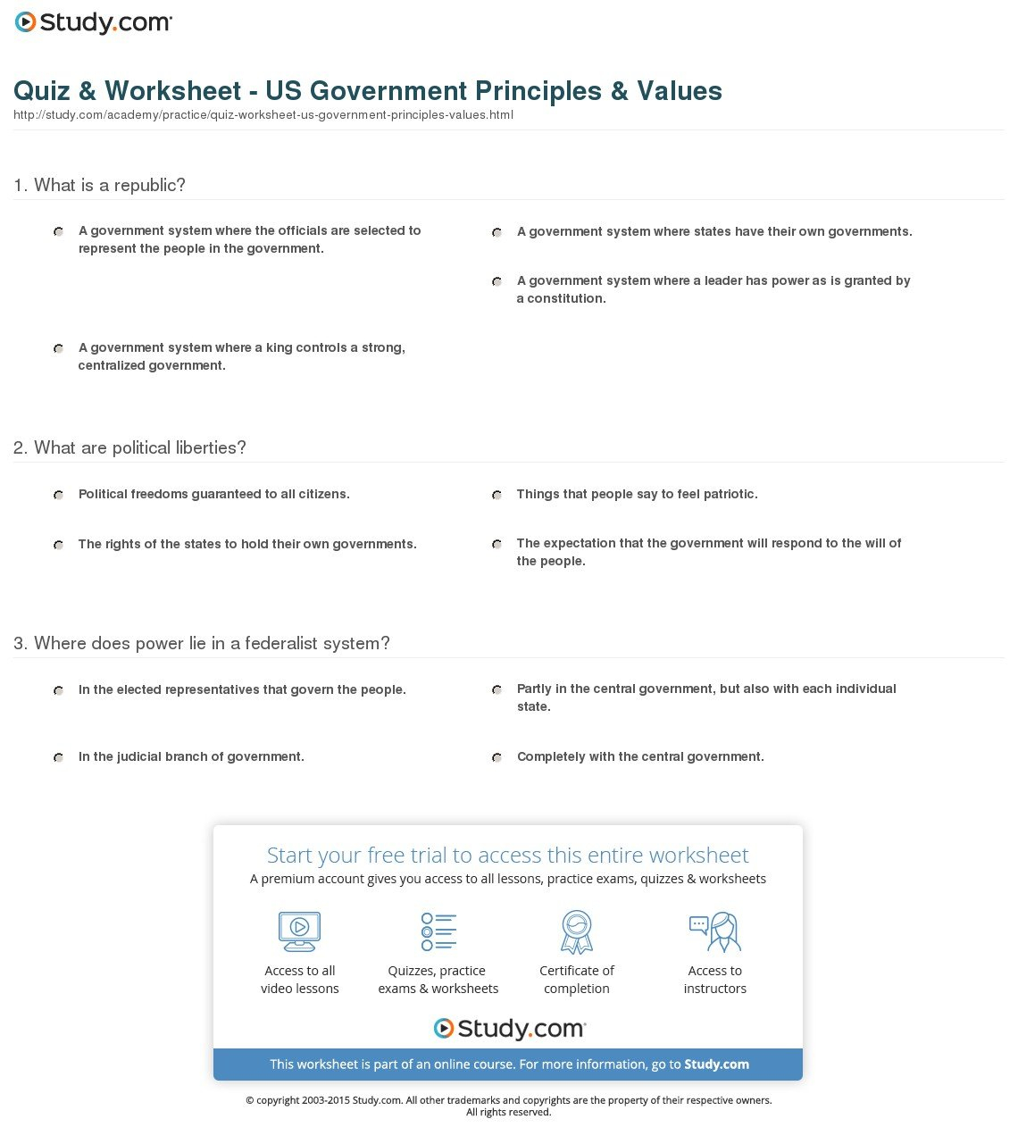 Quiz  Worksheet  Us Government Principles  Values  Study Within Seven Principles Of Government Worksheet Answers