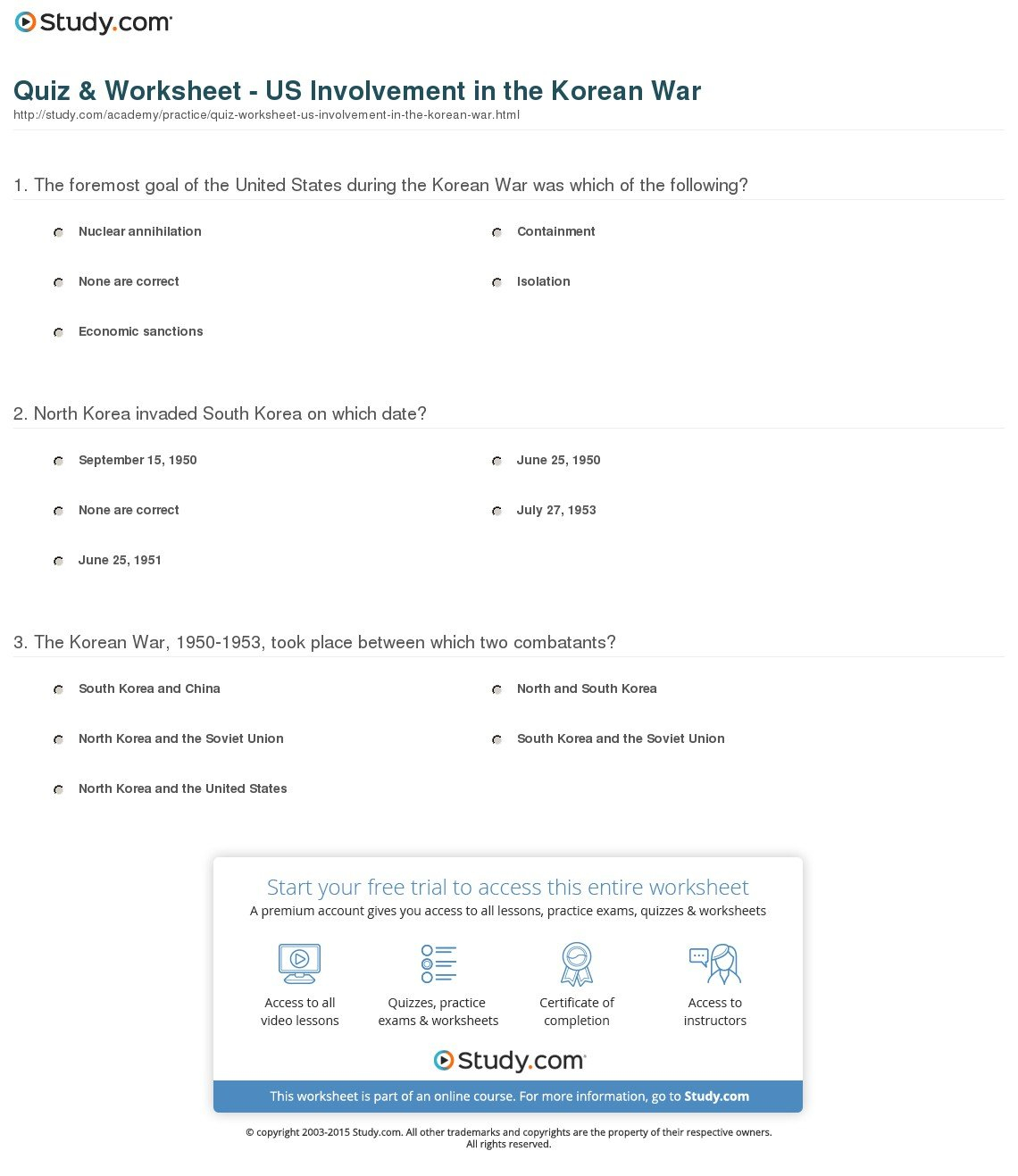 Quiz  Worksheet  Us Involvement In The Korean War  Study Throughout Korean War Worksheet