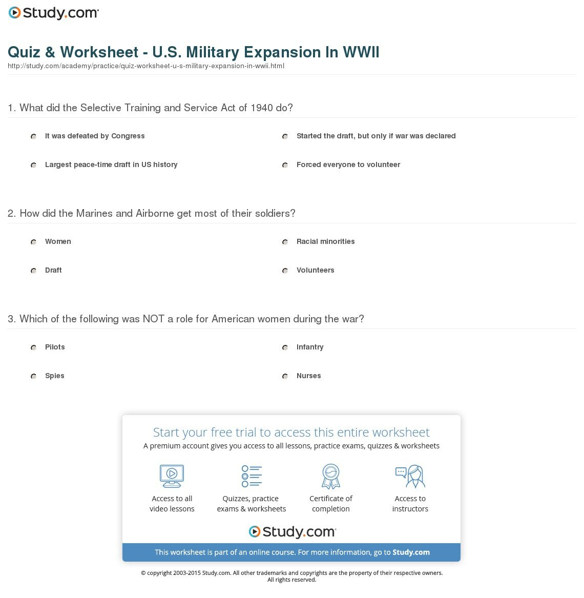 Quiz  Worksheet  Us Military Expansion In Wwii  Study Together With World War Ii Worksheets