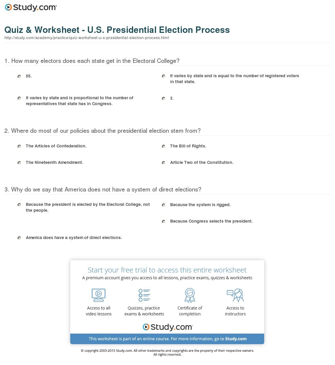 Quiz  Worksheet  Us Presidential Election Process  Study Intended For The Electoral Process Worksheet