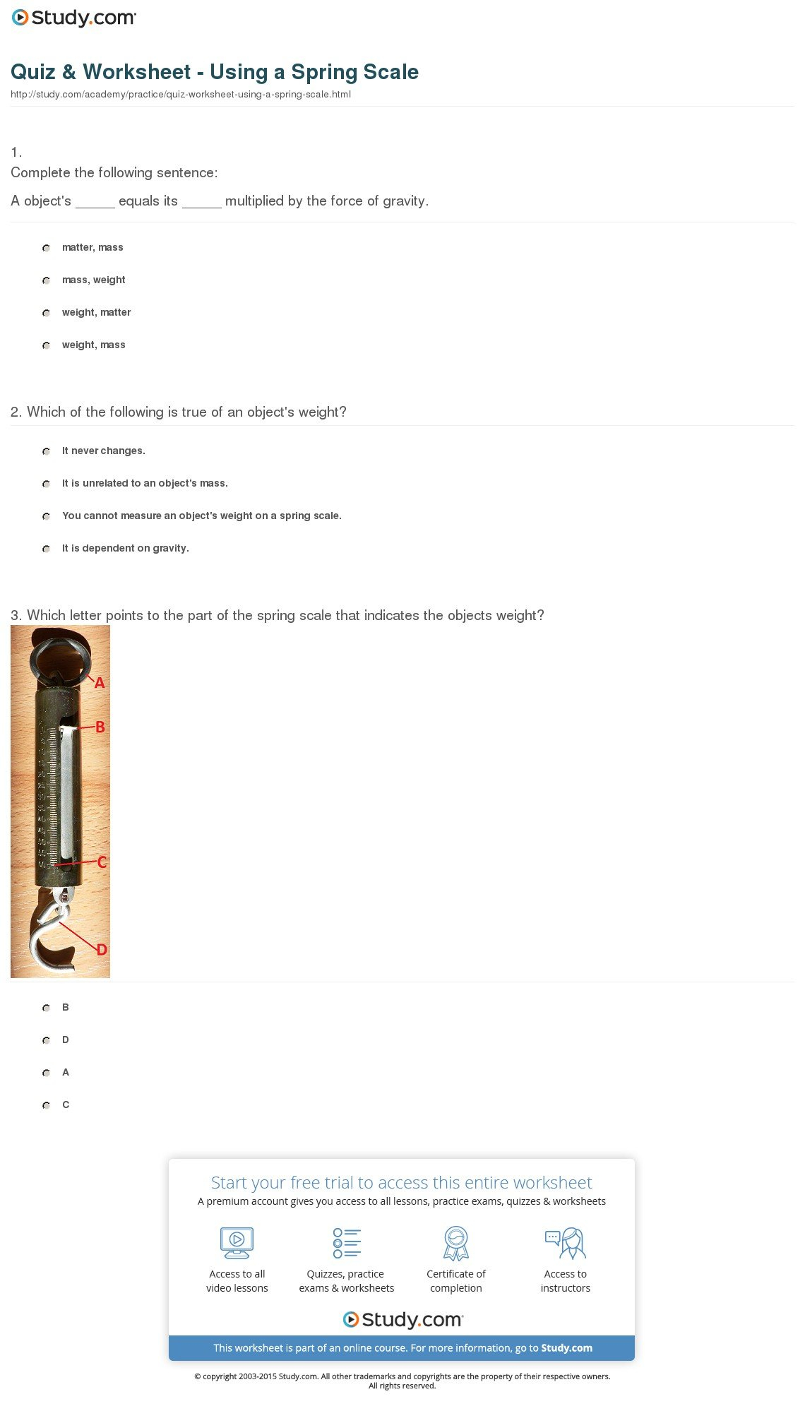 Quiz  Worksheet  Using A Spring Scale  Study In Scale Practice Worksheet