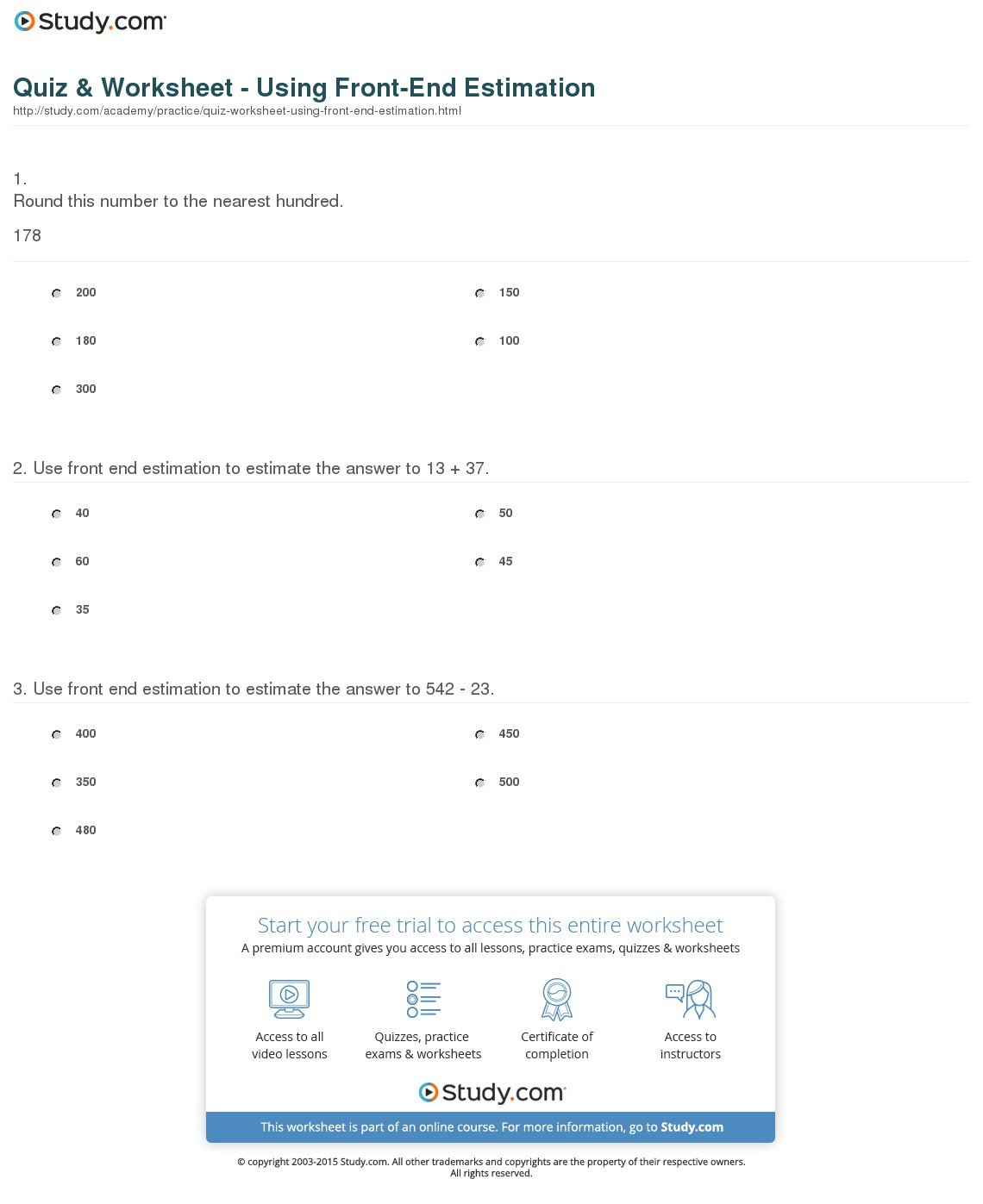 Quiz  Worksheet  Using Frontend Estimation  Study Within Estimation Practice Worksheet