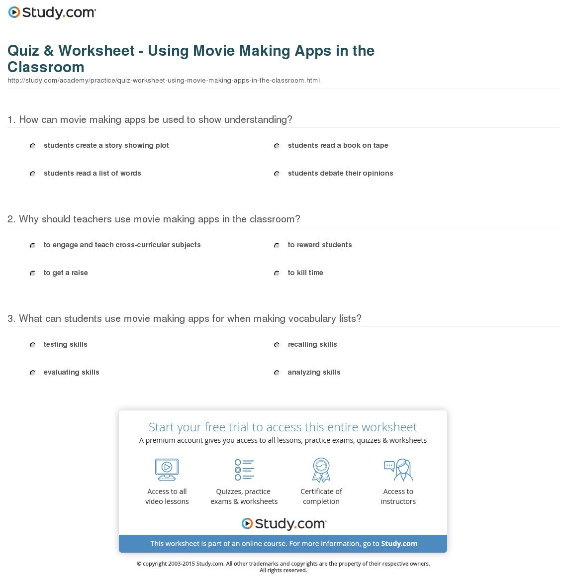 Quiz  Worksheet  Using Movie Making Apps In The Classroom  Study Throughout Movie Worksheets For The Classroom
