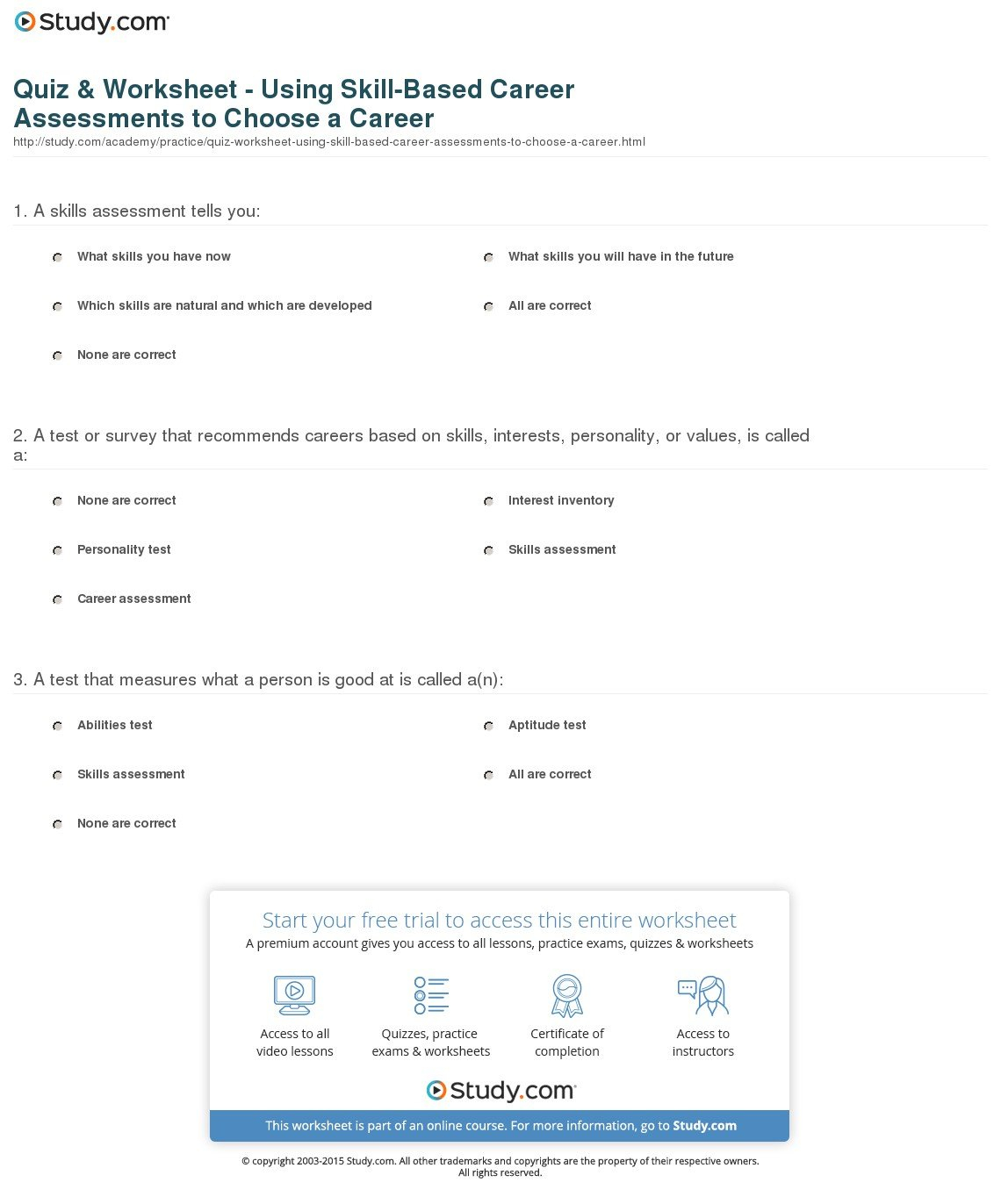 Quiz  Worksheet  Using Skillbased Career Assessments To Choose A In Job Skills Assessment Worksheet