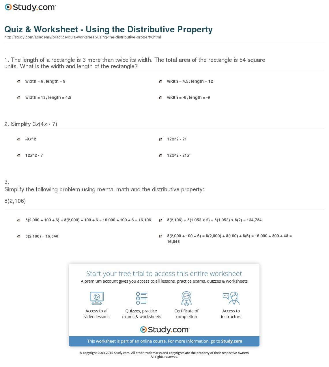 Quiz  Worksheet  Using The Distributive Property  Study And Distributive Property Worksheet Answers