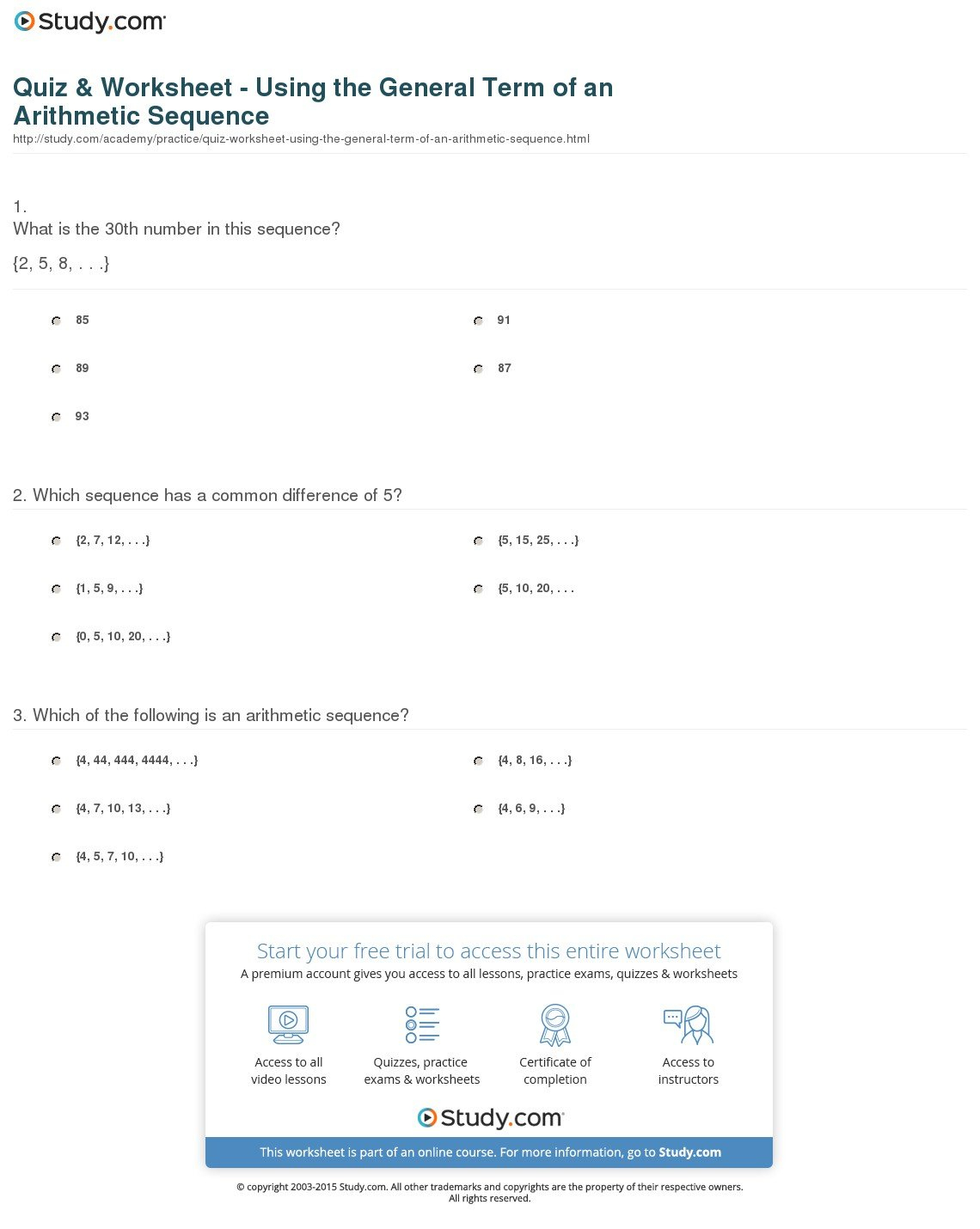 Quiz  Worksheet  Using The General Term Of An Arithmetic Sequence For Arithmetic Sequence Practice Worksheet