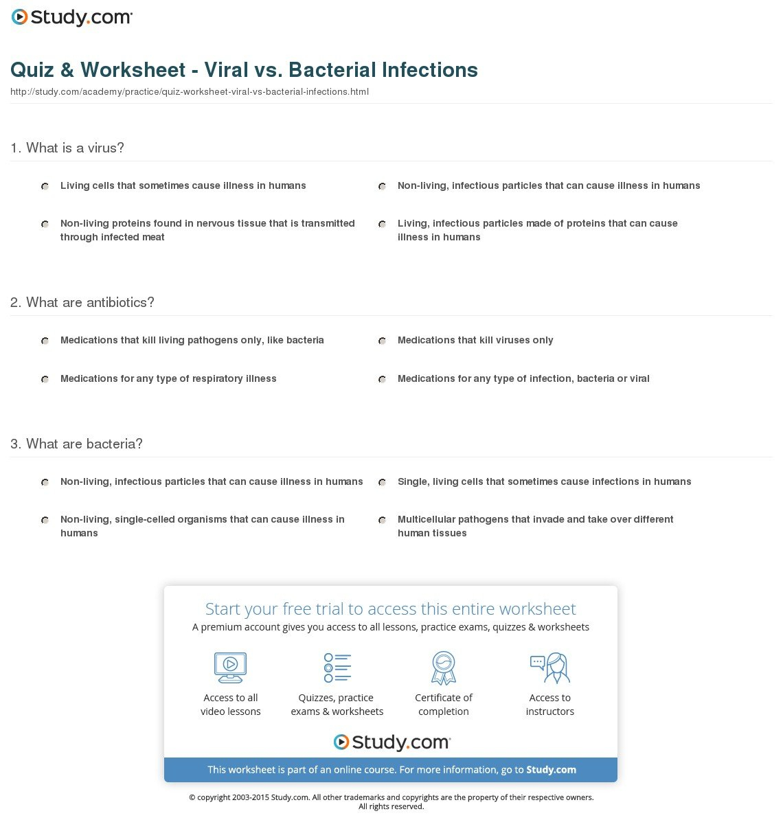 Quiz  Worksheet  Viral Vs Bacterial Infections  Study With Regard To Virus And Bacteria Worksheet