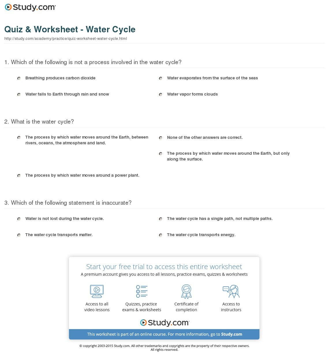 Quiz  Worksheet  Water Cycle  Study For The Water Cycle Worksheet Answers