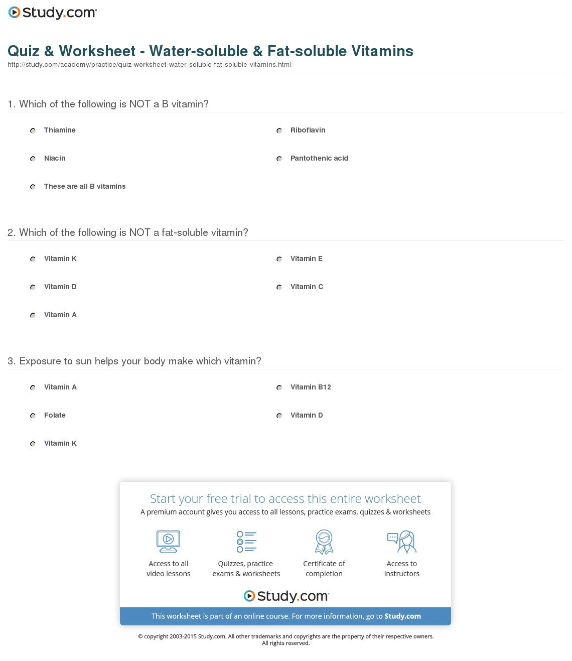 Quiz  Worksheet  Watersoluble  Fatsoluble Vitamins  Study In Vitamins Minerals And Water Worksheet Answers