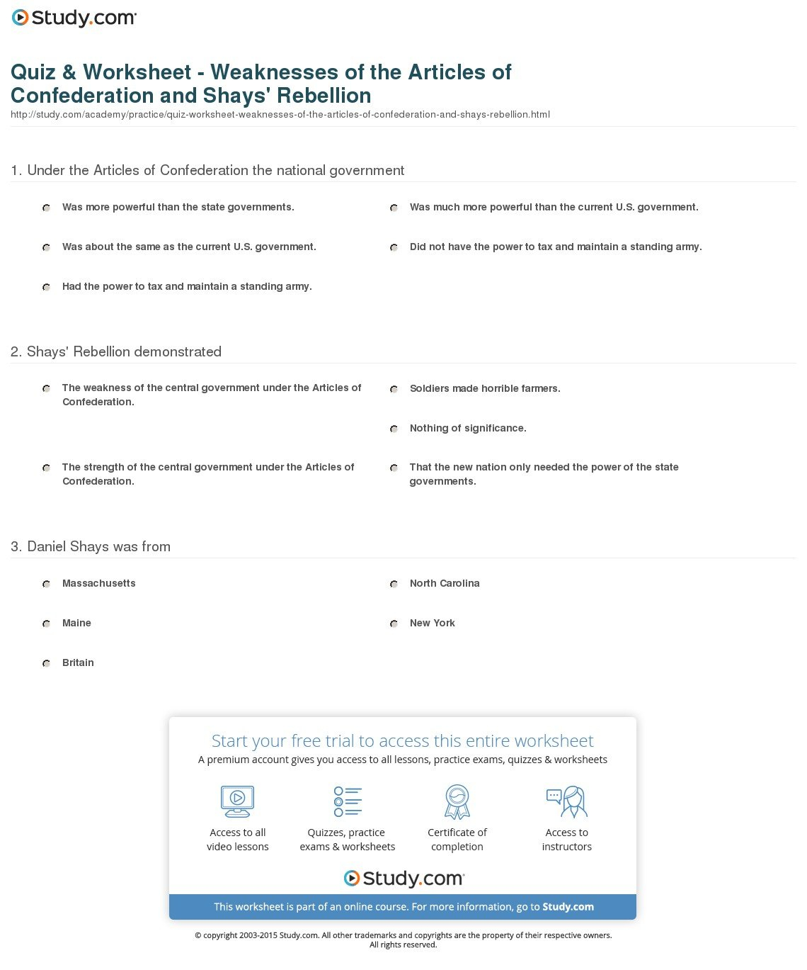 Quiz  Worksheet  Weaknesses Of The Articles Of Confederation And As Well As Weaknesses Of The Articles Of Confederation Worksheet
