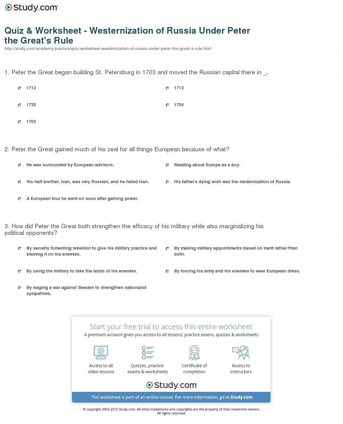 Quiz  Worksheet  Westernization Of Russia Under Peter The Great's In Peters Experiment Worksheet Answer Key
