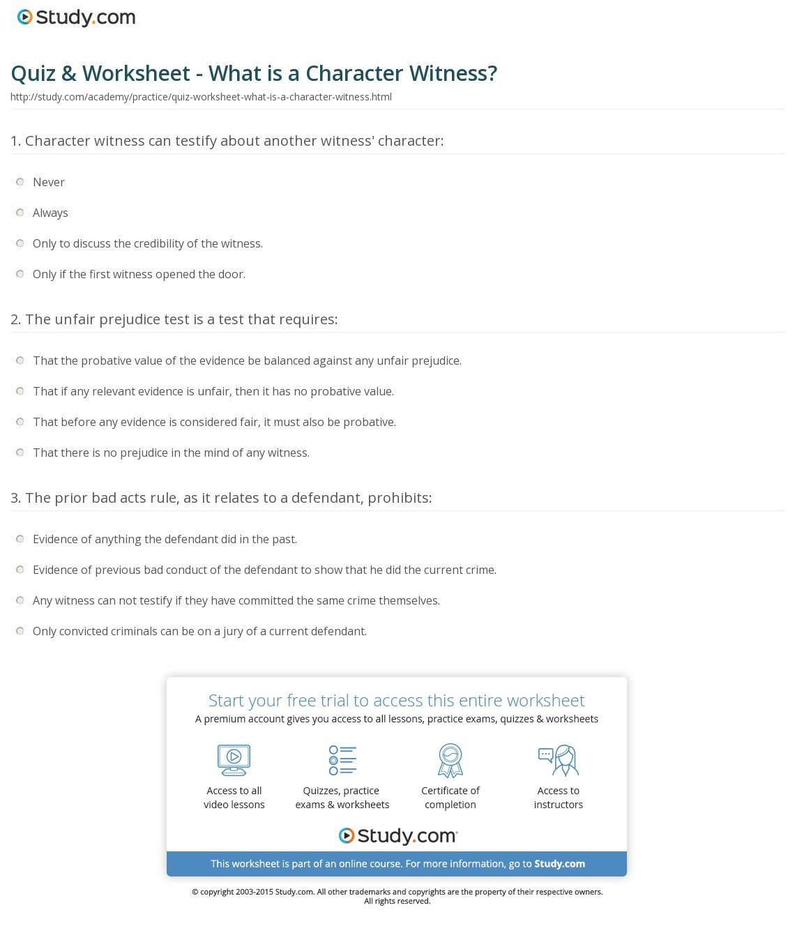 Quiz  Worksheet  What Is A Character Witness  Study Inside Personal Testimony Worksheet