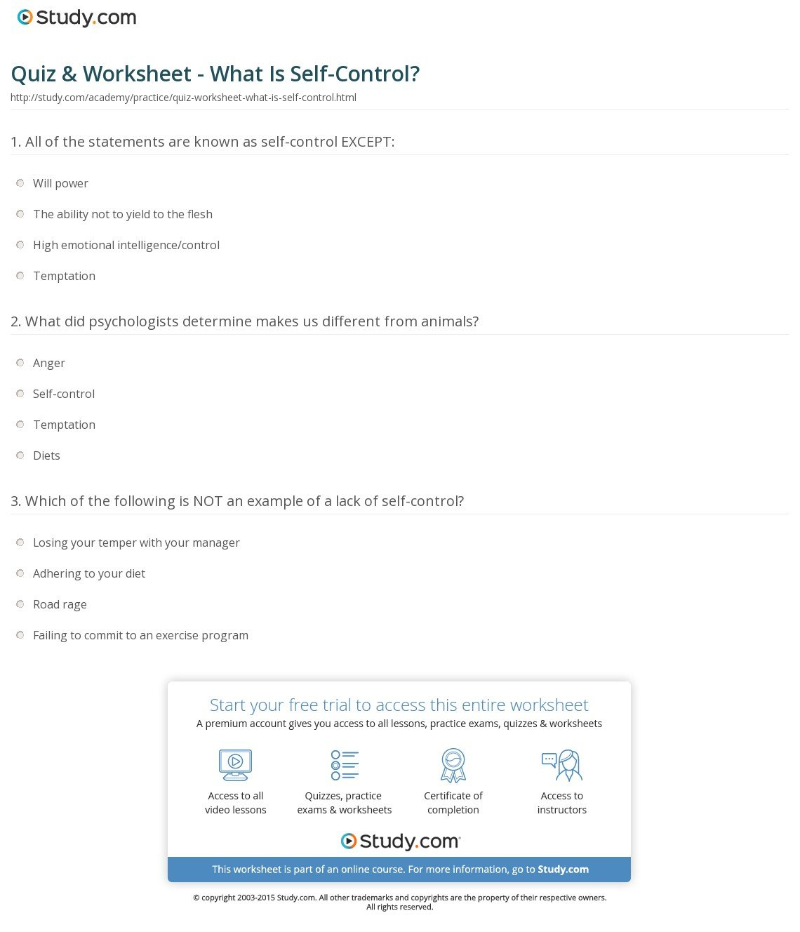 Quiz  Worksheet  What Is Selfcontrol  Study Also Self Control Worksheets
