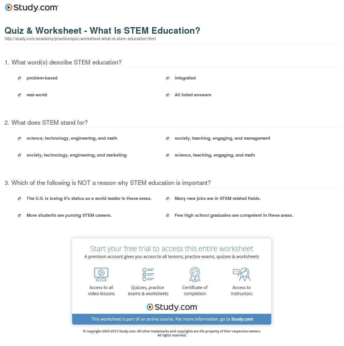 Quiz  Worksheet  What Is Stem Education  Study In Stem Careers Worksheet 1 Answers