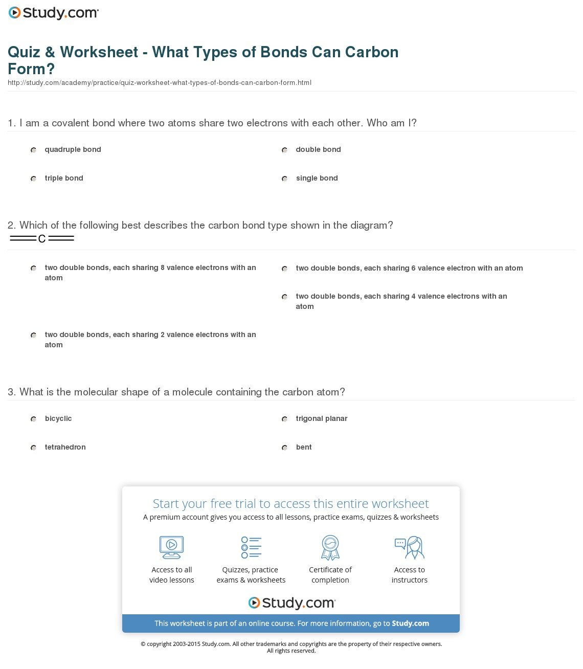 Quiz  Worksheet  What Types Of Bonds Can Carbon Form  Study Pertaining To Types Of Bonds Worksheet
