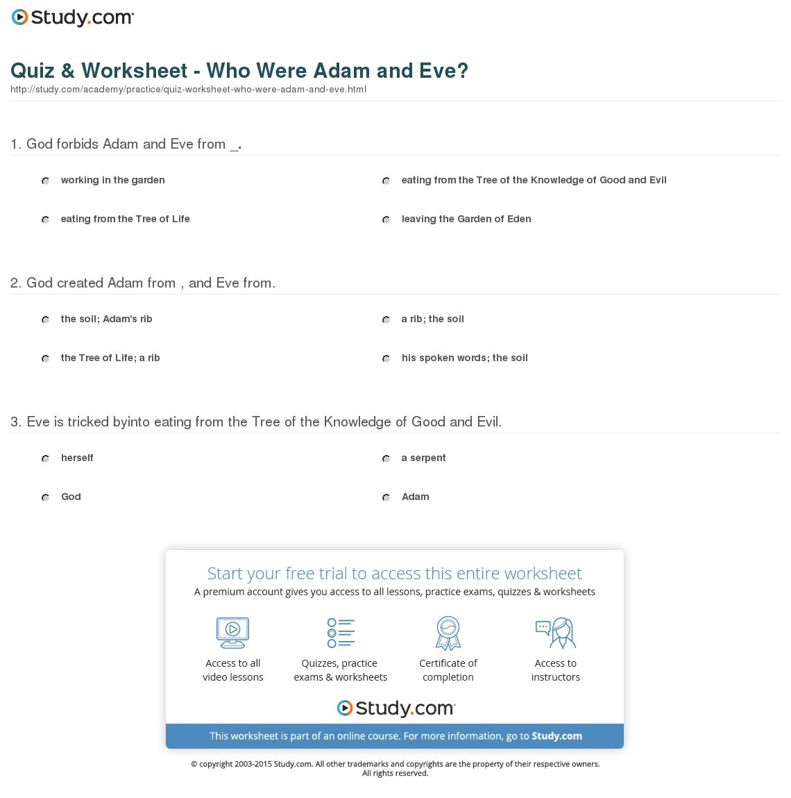 Quiz  Worksheet  Who Were Adam And Eve  Study Regarding Adam And Eve Worksheets