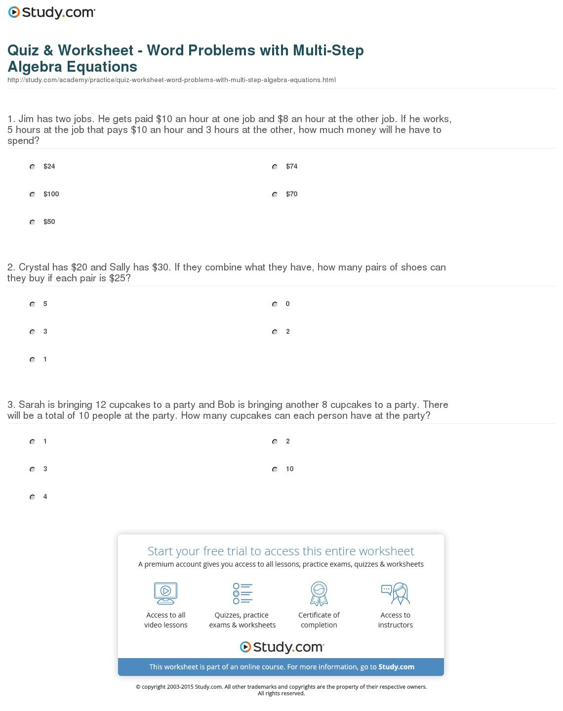 Quiz  Worksheet  Word Problems With Multistep Algebra Equations And Solving Equations Worksheet Answers