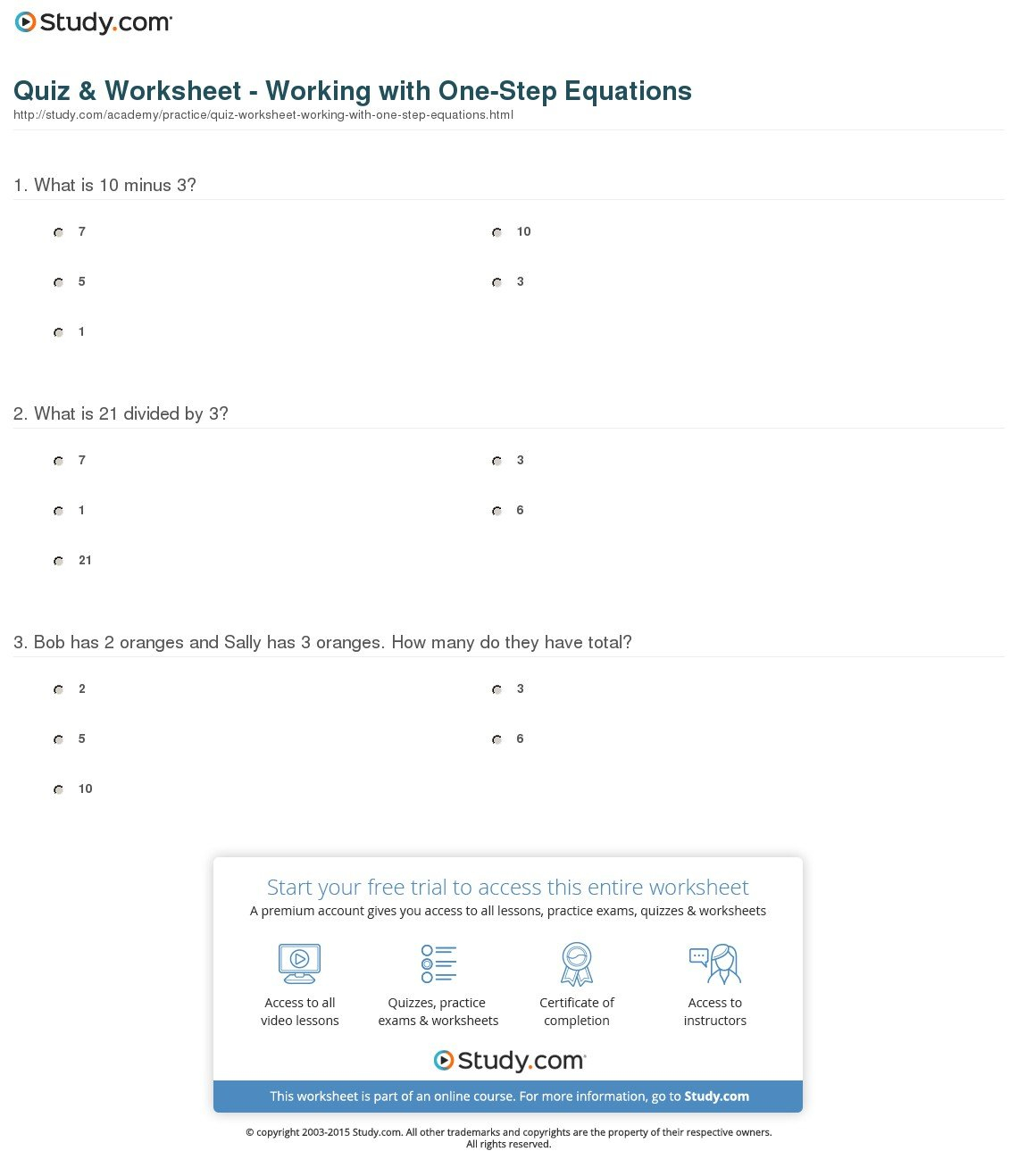 Quiz  Worksheet  Working With Onestep Equations  Study Or One Step Equations Worksheet