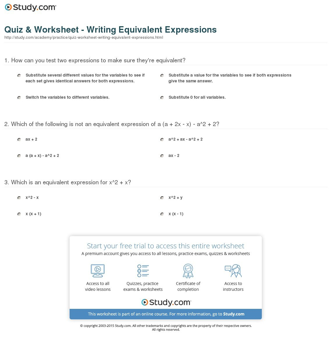 Quiz  Worksheet  Writing Equivalent Expressions  Study Within Equivalent Expressions Worksheet