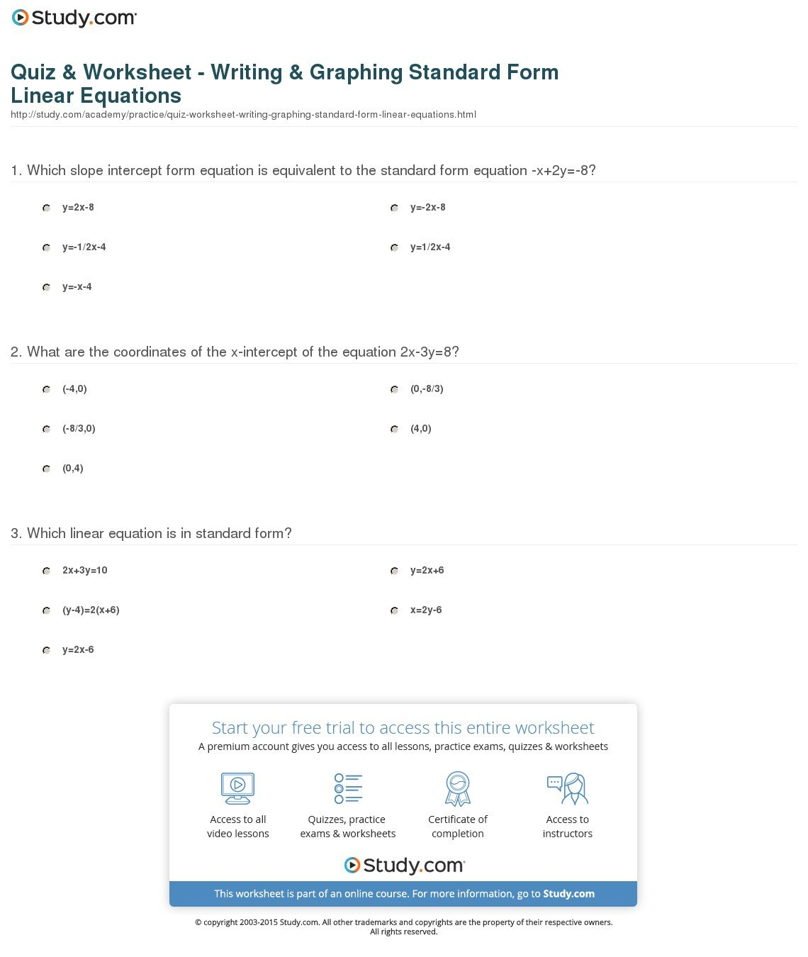 Quiz  Worksheet  Writing  Graphing Standard Form Linear Equations Pertaining To Worksheet Level 2 Writing Linear Equations Answers